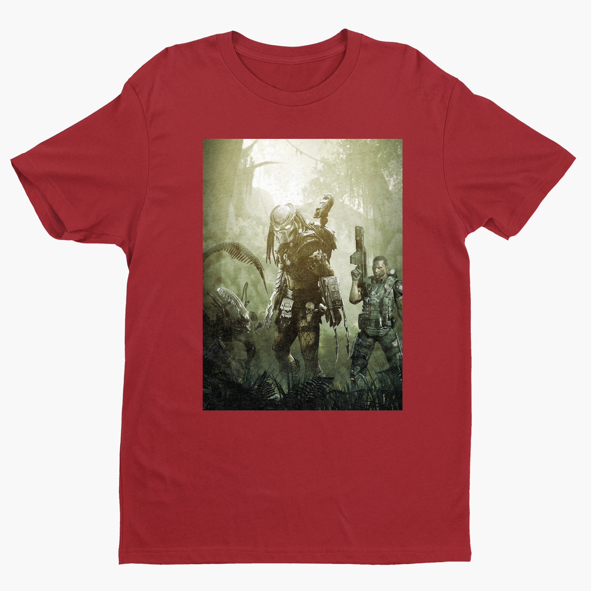 Aliens vs. Predator predator promo art tee — red unisex t-shirt, front view